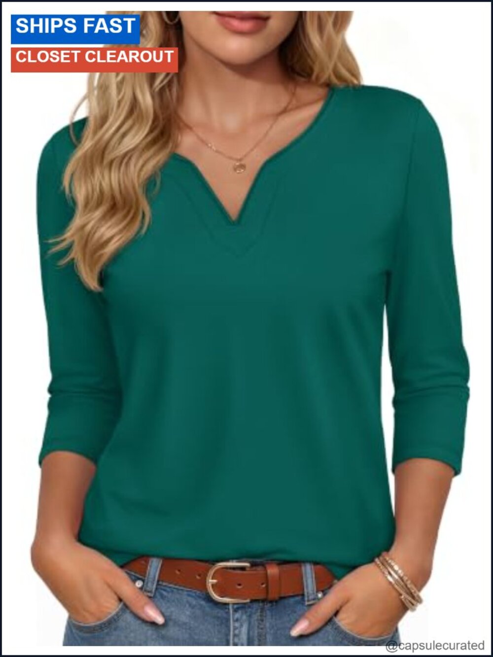 3/4 Sleeve Women's Henley Shirt V Neck Cotton Blend Split Hem Tunic UPF 50